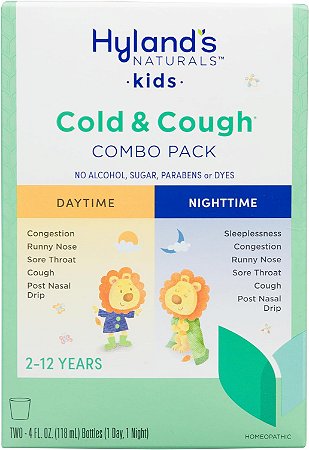 Hyland's Naturals Kids Cold & Cough, Diurno e noturno, remédio para resfriado para maiores de 2 anos, xarope para tosse para crianças, descongestionante nasal, alívio de alergia, 118ml