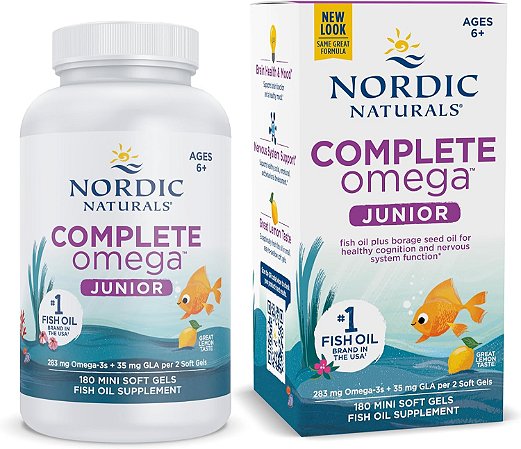 Nordic Naturals Complete Omega Júnior 6-12 anos, Limão - 180 Mini Cápsulas Softgel - 283 mg Total de Ômega-3 e 35 mg GLA - Cognição Saudável, Função do Sistema Nervoso
