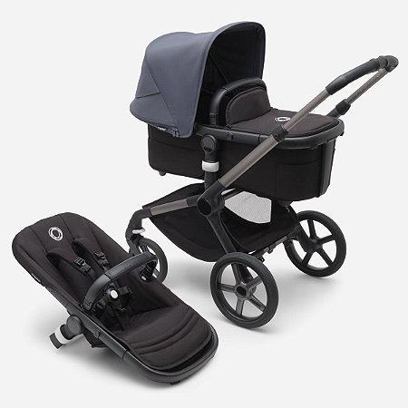 Carrinho Bugaboo Fox 5 com Assento e Moisés Graphite Midnight Stormy Blue