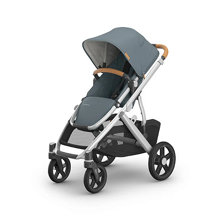 Carrinho de bebê UPPAbaby Vista V3 - Callum - Stone Blue | Estrutura prateada | Couro areia