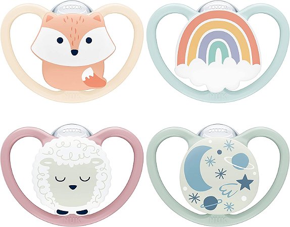 Chupeta NUK Space Day & Night Baby Dummy | 0-6 meses | Chupetas que brilham no escuro com ventilação extra para pele sensível | Silicone sem BPA | Fox & Sheep | 4 unidades
