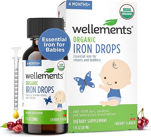 Wellements Organic Iron Drops para recém-nascidos e bebês (1 fl oz) - Suplemento de ferro líquido com sabor de cereja para bebês