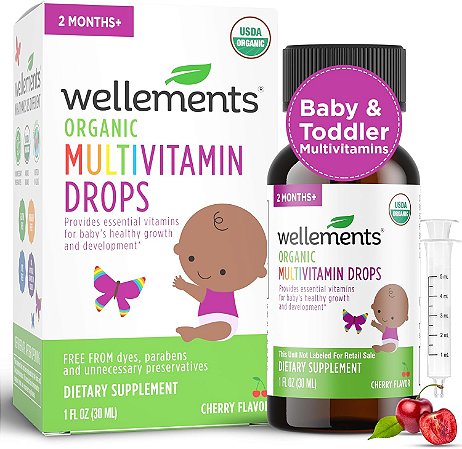 Wellements Orgânico Baby Multivitaminas Drops (1 Fl Oz) - Multivitamínicos líquidos com sabor de cereja para bebês e crianças pequenas (2 meses ou mais)