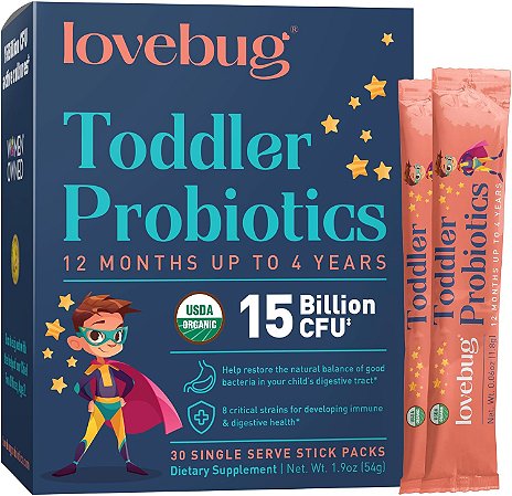 Lovebug Toddler Probiotics - Probiótico orgânico - +12m a 4 anos - 30 unidades