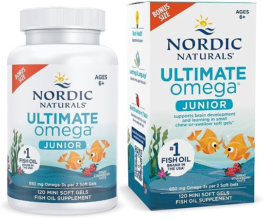 Ômega Nordic Naturals Ultimate Omega Jr., Morango - 120 Mini Cápsulas Softgel - 680 Ômega-3s Totais com EPA e DHA