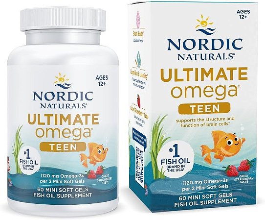 Ômega Nordic Naturals Ultimate Omega 2X Teen +12, Morango - 60 Mini Cápsulas Softgel - 1120 mg de Ômega-3 Total com EPA e DHA