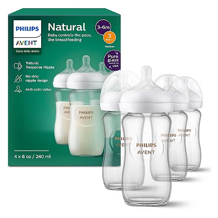 Mamadeira de Vidro Philips Avent Kit com 4 unidades 240ml SCY913/04 Fluxo Médio
