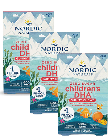 Nordic Naturals Zero Açúcar 600 mg de Ômega-3, DHA Infantil, Tropical Punch - 30 Gomas Mastigáveis ​​para Crianças - Pack com 3