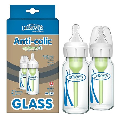 Mamadeira de Vidro Dr Browns Natural Flow Anti-Cólica Options+ 4 oz/120 mL, com bico de fluxo lento nível 1, pacote com 2, 0 m+