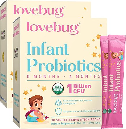 Probiotico Lovebug 0 - 6 meses 60 unidades Probióticos orgânicos do USDA para bebês, auxiliam no alívio de gases, cólicas, refluxo, diarreia e constipação em recém-nascidos, sem alérgenos e sem açúcar, pó sem sabor