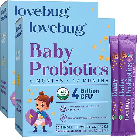 Probióticos LOVEBUG para bebês 60 unidades Probióticos orgânicos para bebês de 6 a 12 meses para suporte imunológico, gases, cólicas, diarreia e alívio da constipação infantil, pó sem açúcar e sem sabor