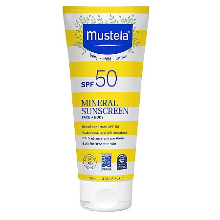 Protetor Solar Mustela Baby Loção Solar Mineral FPS 50 Amplo Espectro - Protetor Solar Facial e Corporal para Pele Sensível - Resistente à Água e Sem Fragrância