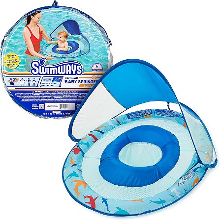 Boia SwimWays Baby Spring com Capota Ajustável e Proteção solar FPS, Tubarão - 9-24m