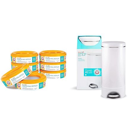 Lixeira de Fraldas Munchkin Step - Alimentado pela Arm & Hammer, Inclui 1 Saco Snap, Seal & Toss™, 8 Anéis de Recarga, 1 Anel de Recarga Inicial e 1 Cartucho de Bicarbonato de Sódio Puck