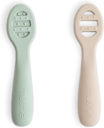 Colheres Mushie Silicone - Primeira Alimentação, 2 un, Cambridge Blue/Shifting Sand