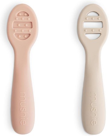 Colheres Mushie Silicone - Primeira Alimentação, 2 un, Blush/Shifting Sand