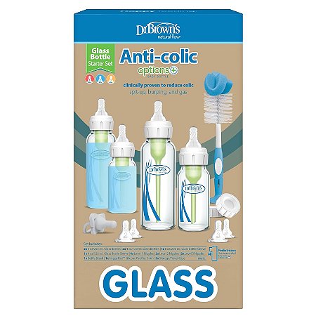 Kit Mamadeira de Vidro Dr. Brown's Anti-Colic Options+ com bicos de níveis 1, 2 e 3, capas de silicone, escova Soft-Touch, tampas de viagem e HappyPaci, 0m+
