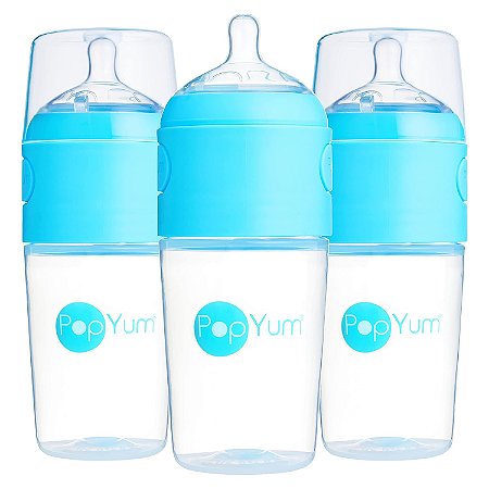 Mamadeira PopYum 260ml Azul Anti-Cólica com Mixer e Trava Natural, Fluxo Médio - 3 unidades
