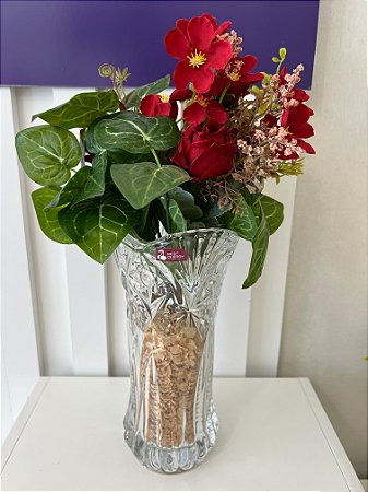 ARRANJO DE FLORES VASO DECORADO TRANSPARENTE