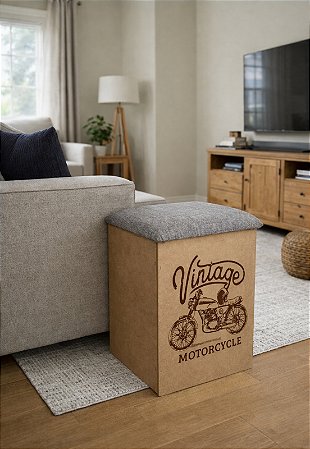 Puff Baú Não é Segredo Moto Linho Marrom Mesclado 34x45 NS0503