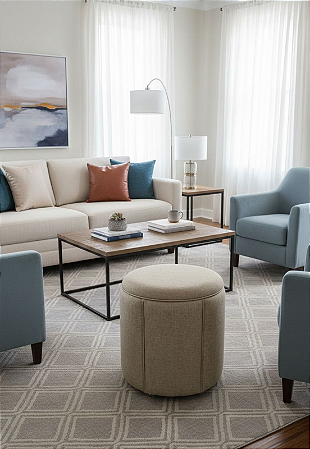 Puff Redondo Baú Não é Segredo Debrum Linho Palha 40x45 NS0602