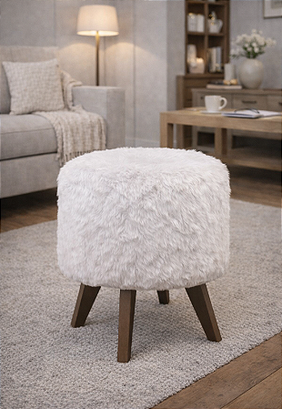 Puff Pé Palito Redondo Não é Segredo Astracan Pelúcia Branco Pés Marrom 40x45