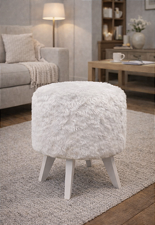 Puff Pé Palito Redondo Não é Segredo Astracan Pelúcia Branco Pés Branco 40x45