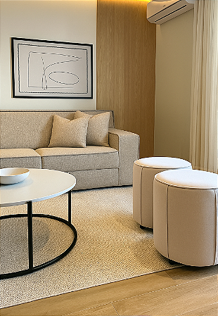 Puff Redondo Debrum Não é Segredo Linho Impermeável Bege Rodinha 40x45