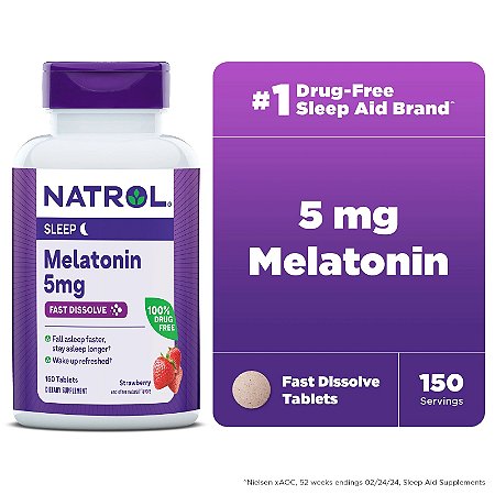 Melatonina - 5 Mg - 150 Tablets - Dissolução Rápida - Sabor Morango | Natrol
