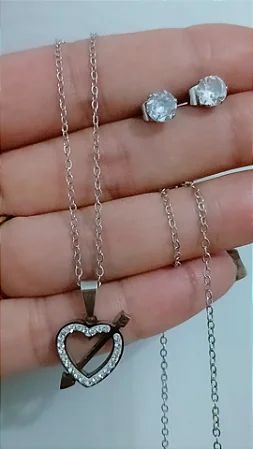 Conjunto brinco ponto deluz+ colar aço inoxidável