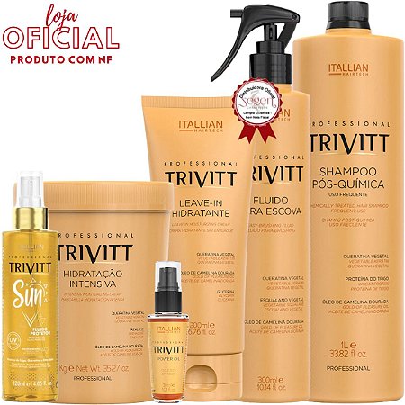 Kit Trivitt profissional com Fluido para escova, Fluido protetor Sun, Hidratação 1kg, Leave-in, Shampoo 1L e Power Oil