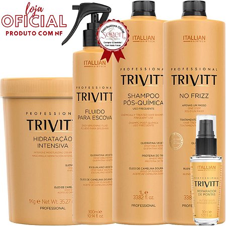 Progressiva Trivitt com Fluido para escova, Hidratação 1Kg, Reparador de pontas e Shampoo 1L