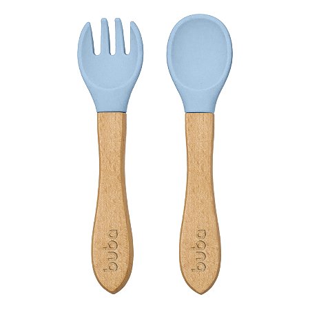 Kit Talheres Bambu Silicone Colher + Garfo Buba Bebê Azul