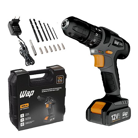 Parafusadeira Furadeira sem Fio Impacto WAP 12K4 Kit Maleta