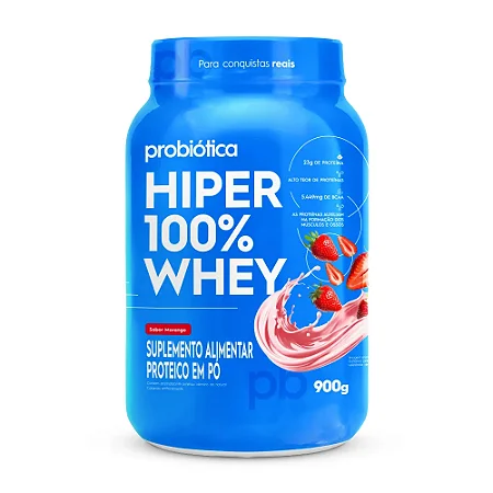 Hiper 100% Whey Pote 900G Morango Probiotica