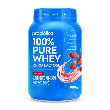 100% Pure Whey Zero Lactose Pote 900G Morango - Probiótica
