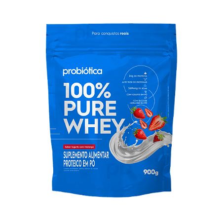 100% Pure Whey Refil 900G  Iogurte Com Morango Probiotica