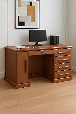 Escrivaninha Clássica de Madeira com 1 Porta, 4 Gavetas e Gaveta com Chave