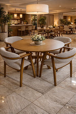 Conjunto Mesa Redonda 4 Lugares + 4 Cadeiras Estofadas Linho Madeira