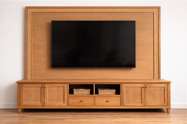 Rack com Painel para TV em Madeira com Detalhes em Palha