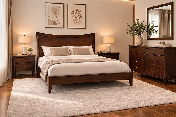 Conjunto de Dormitório Clássico Premium com Cama, 2 Mesas de Cabeceira e Cômoda em Madeira