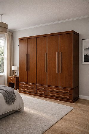 Roupeiro de Madeira Maciça 5 Portas com Gavetas Externas
