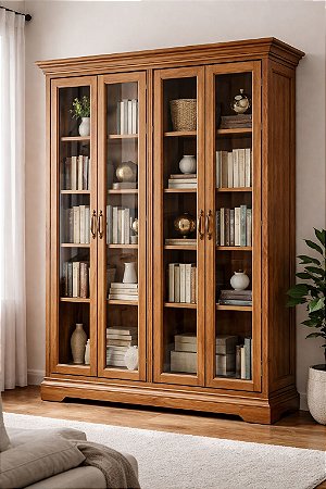 Livreiro Cristaleira 4 Portas com Vidro em Madeira Maciça