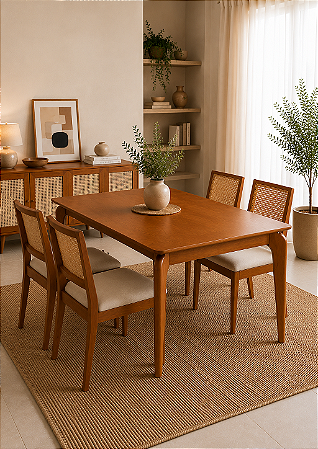 Conjunto Mesa Retangular com 4 Cadeiras de Palha