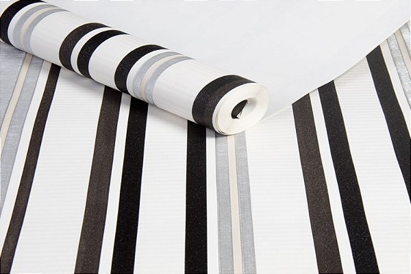 Papel de Parede Magnific AB-38 Listrado Preto, Prata, Bege e Branco Vinílico Rolo de 9,50mx53cm
