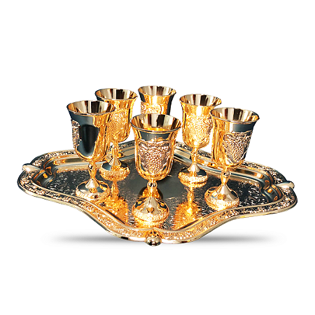 kit santa ceia 6 taças com bandeja dourada importado