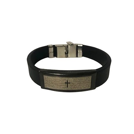 Pulseira De Couro Pai Nosso Cruz Prata – detalhes metálico