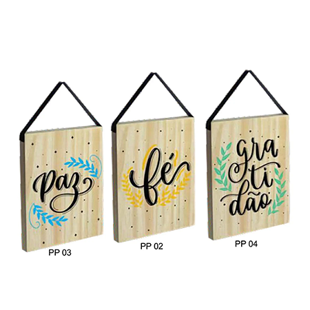 Kit 3 Quadros Decorativos Frases Fé Gratidão e Paz c/ Alça