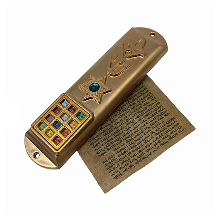Mezuzah Dourado 12 Tribos de Israel com Pergaminho
