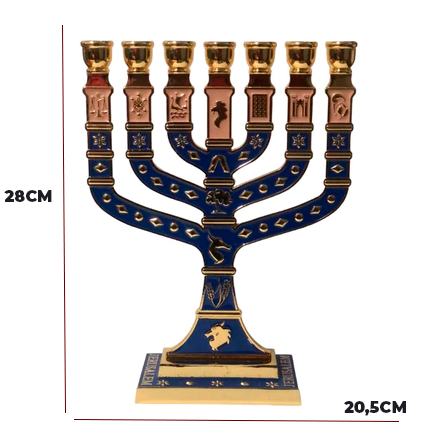 Candelabro Médio Metal Dourado Esmaltado 28cm – azul